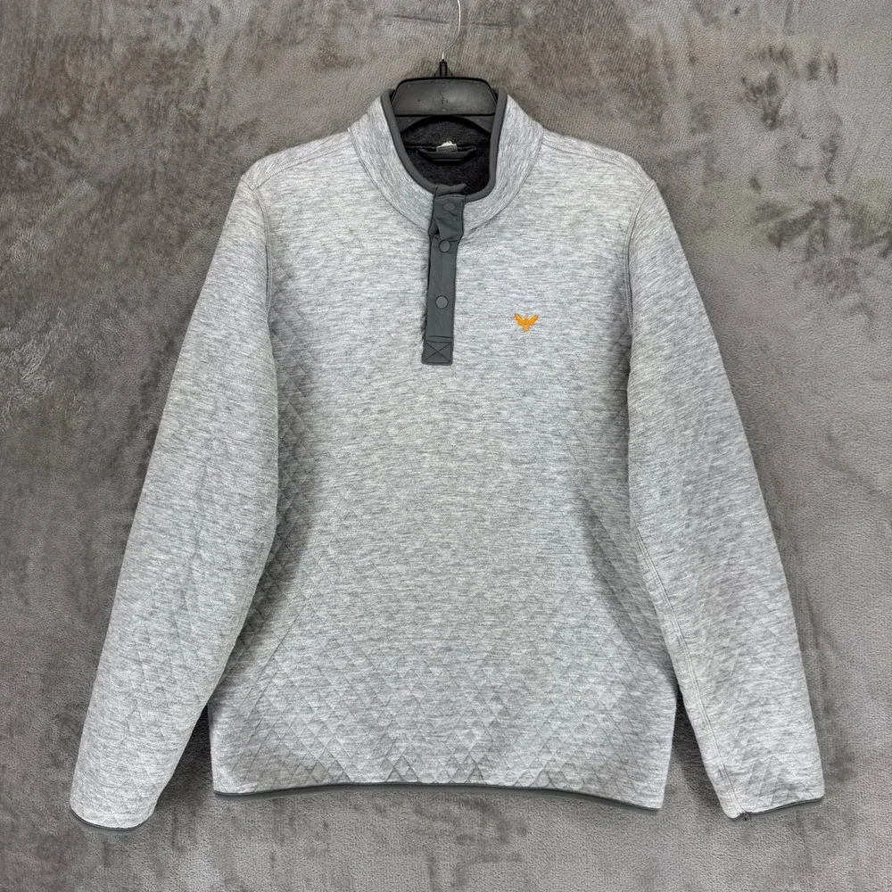 Marine Layer Mens Quilted Snap Mock Neck Pullover Heather Grey Bee Logo Medium